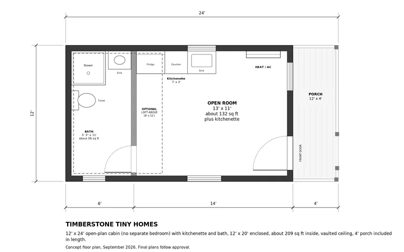 Floor plan of the 12×24 open-plan cabin: bathroom with shower at one end, optional 8′×11′ loft above, open room with a kitchenette along one wall, and a 12×4 front porch
