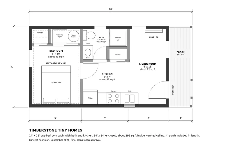Floor plan of the 14×28 one-bedroom cabin: bedroom with closet at one end, washer/dryer space, bathroom with shower, open living area with loft above, and a 14×4 front porch