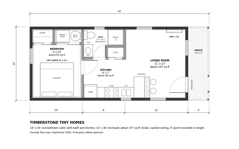 Floor plan of the 14×34 one-bedroom cabin: bedroom with closet at one end, washer/dryer space, bathroom with shower, open living area with loft above, and a 14×4 front porch