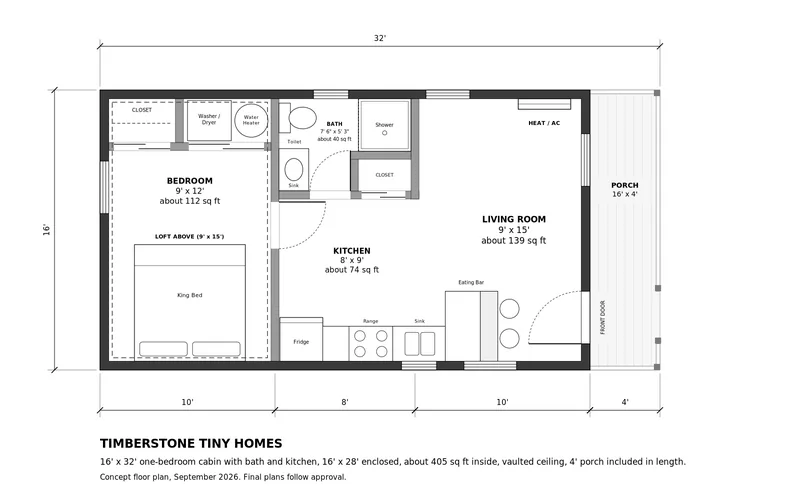 Floor plan of the 16×32 one-bedroom cabin: bedroom with closet at one end, washer/dryer space, bathroom with shower, open living area with loft above, and a 16×4 front porch