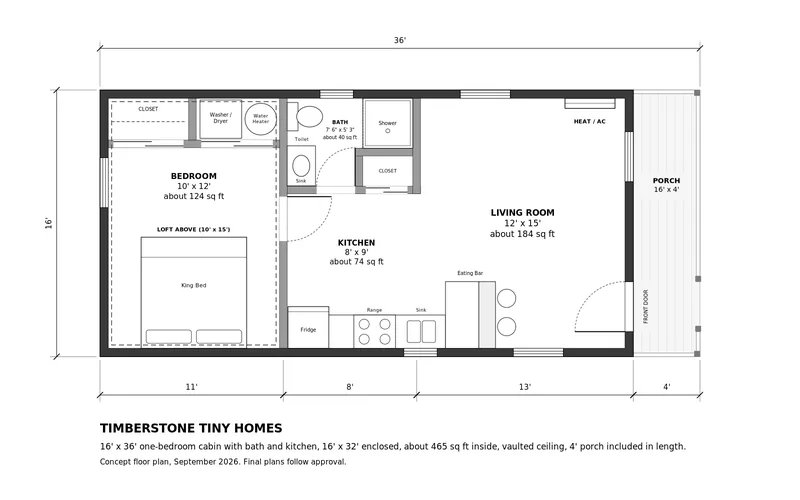 Floor plan of the 16×36 one-bedroom cabin: bedroom with closet at one end, washer/dryer space, bathroom with shower, open living area with loft above, and a 16×4 front porch