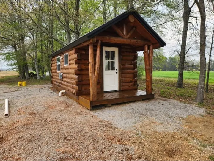 Porch of a Timberstone solid-log cabin
